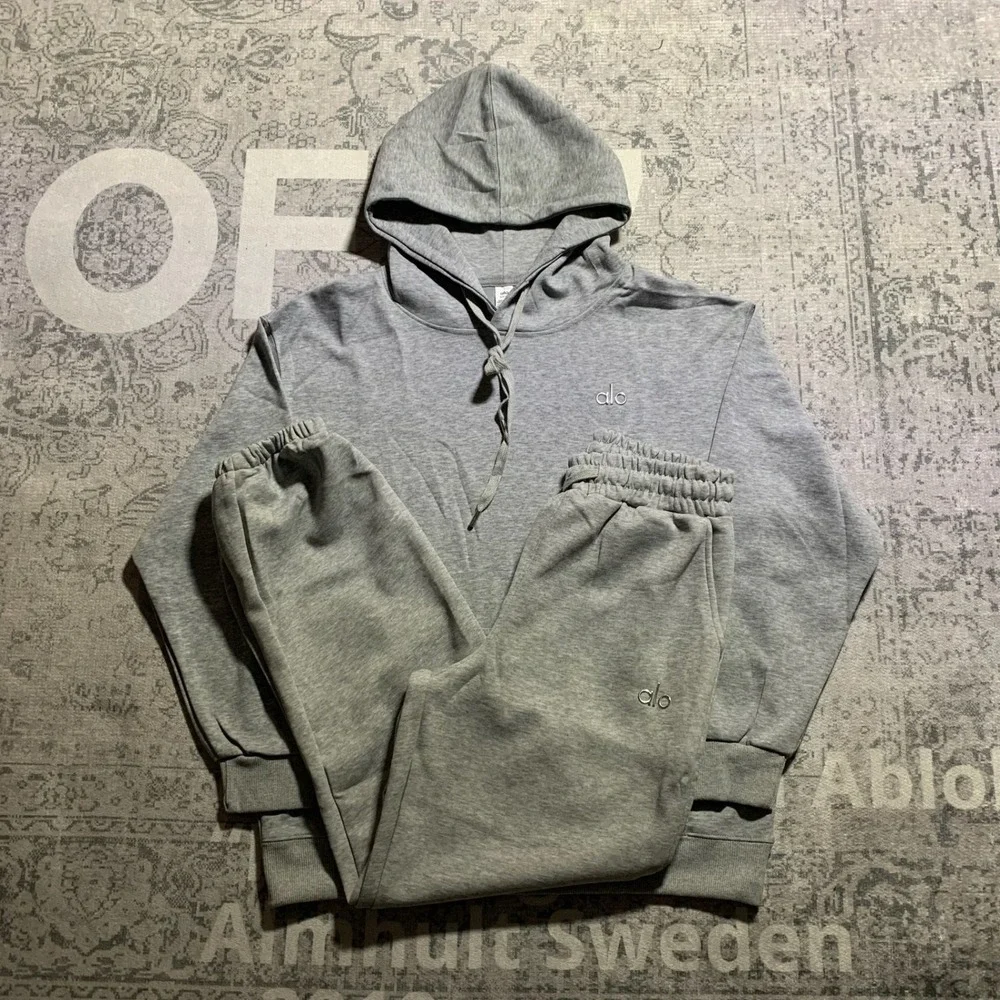Alo Yoga Heather Grey Cuffed Sweats Hoodie Jogger Set Small